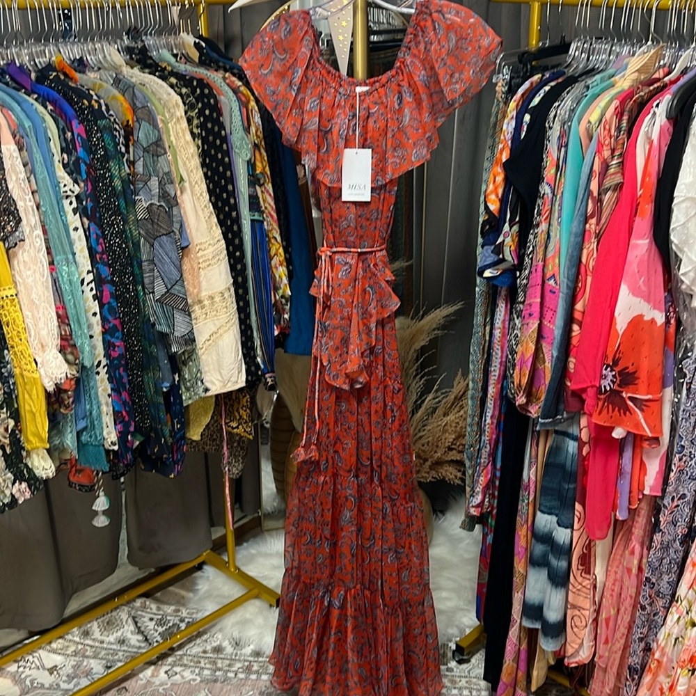 MISA Kiera Off the Shoulder Maxi Dress in Aranciatta Paisley - Picture 5 of 7